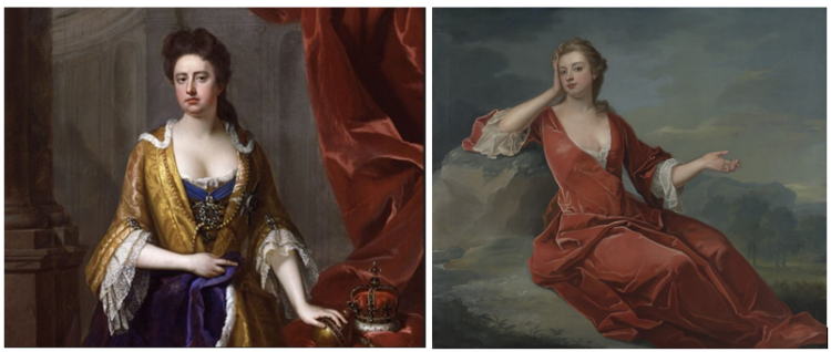 Dronning Anne og lady Sarah. Portrettmalerier av Michael Dahl (1659-1743) og Charles Jervas (1675-1739). Wikimedia Commons.