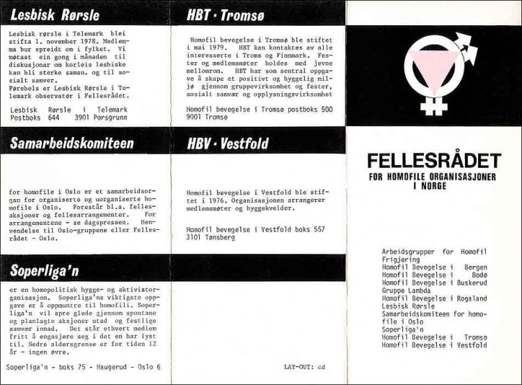 Brosjyre fra Fellesrådet for Homofile Organisasjoner i Norge, designet av Claus Drecker.