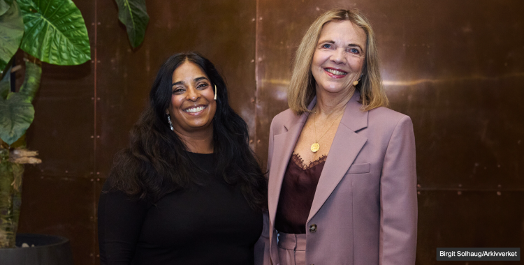 Kultur- og likestillingsminister Lubna Jaffery og riksarkivar Inga Bolstad. Foto: Birgit Solhaug/Arkivverket. Lagt ut på
