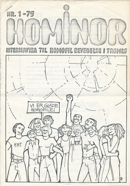Første nummer av Hominor, nr. 1-79. Forsiden er tegnet av Axel Gran. Første nummer av Hominor, tidsskriftet til Homofil Bevegelse i Tromsø, nr. 1-79. Forsiden er tegnet av Axel Gran.