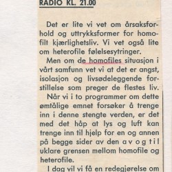 Programbladets forhåndsomtale av Homofili og menneskeverd, skrevet av programleder Liv Haavik.
