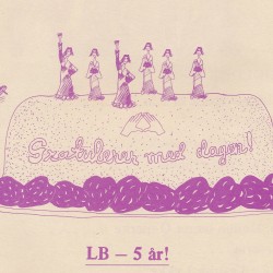 Utsnitt fra en forside av Lavendelexpressen som feirer at Lesbisk Bevegelse hadde eksistert i 5 år.